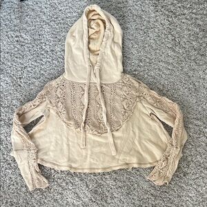 Free People Cream Crochet Detail Cropped Hoodie